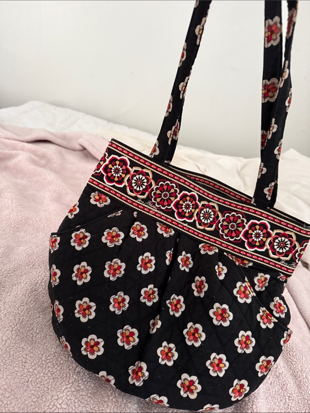 Vera Bradley Black Quilted Shoulder Bag with Red & White Floral Trim